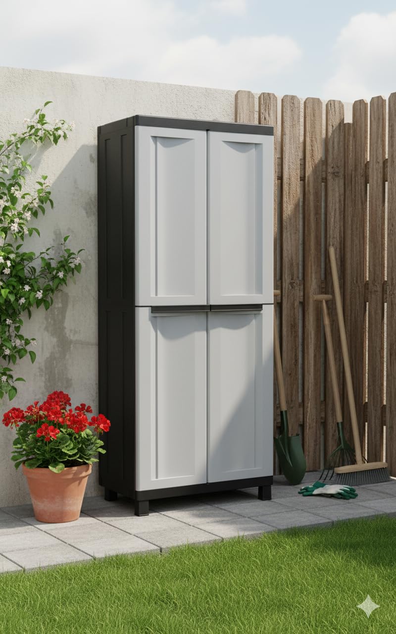 Bonussi Armadio Portascope Modulare da Esterno 68x39x170 cm 2 Ante 4 Ripiani in Polipropilene Twist Grigio e Nero
