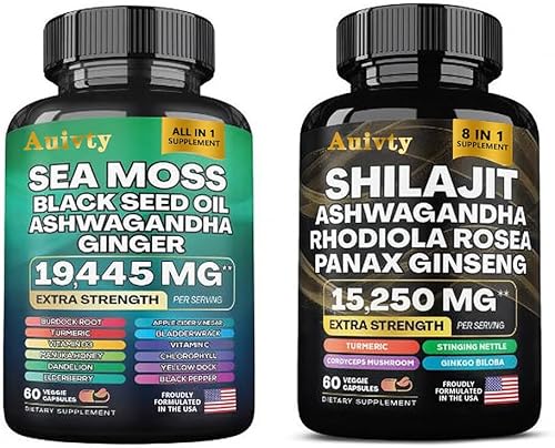 Paquete de bienestar herbario  Complejo de musgo marino 19,445 mg + complejo Shilajit 15,250 mg  Paquete de suplemento 2 en 1 extra fuerte con