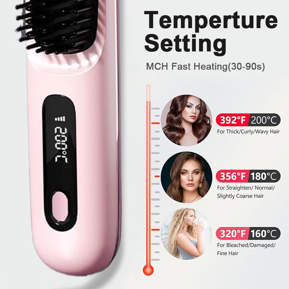 Brosse à Cheveux électrique, Brosse lissante sans fil, Rechargeable Brosse Chauffante pour Femmes et Hommes sans fil avec affichage LED - 3 Niveaux de Température - Pour lisser et Boucler (Rose)
