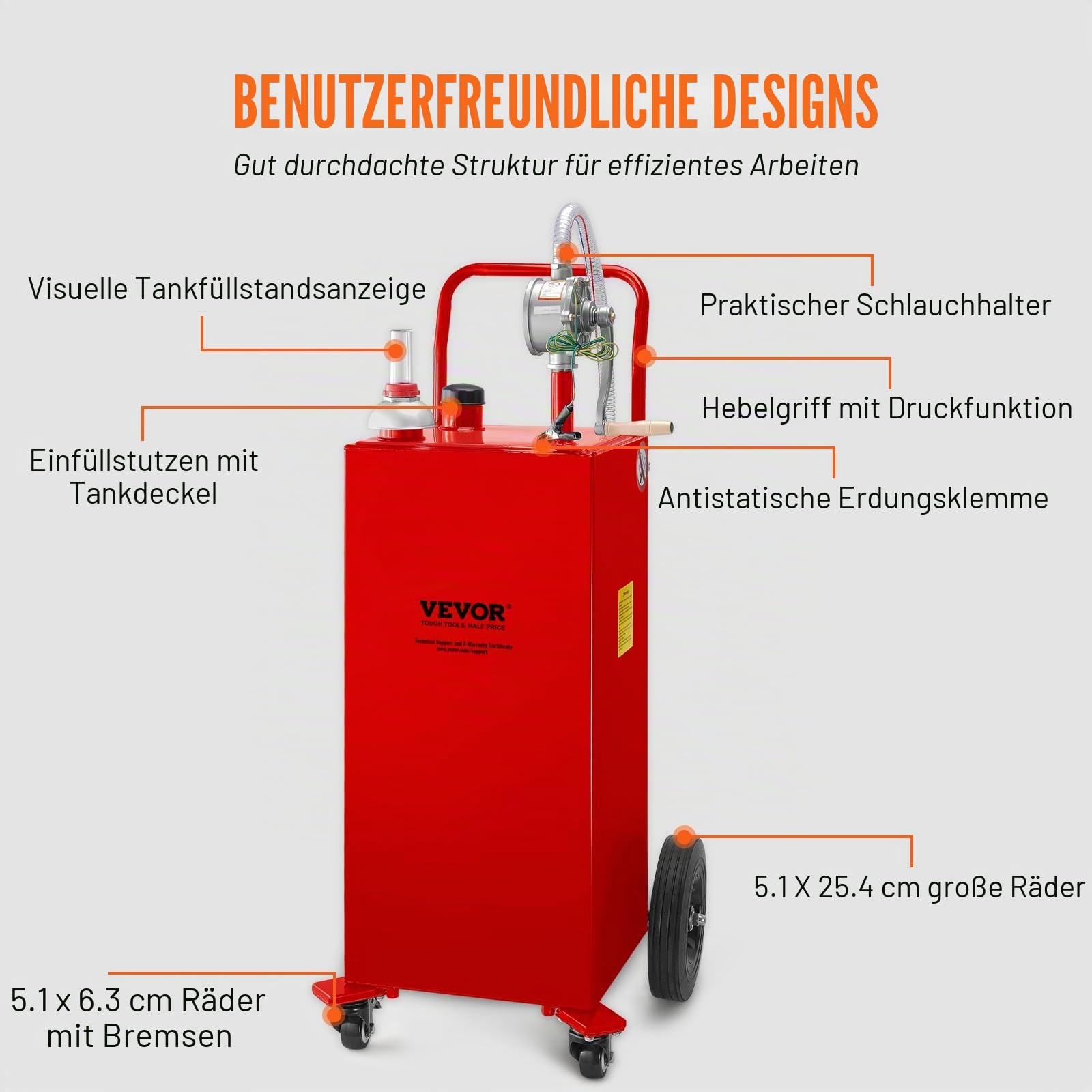 VEVOR 30-Gallonen-Kraftstoffbehälter, Gasspeichertank und 4 Räder, mit manueller Transferpumpe, Benzin-Diesel-Kraftstoffbehälter für Autos, Rasenmäher, Geländefahrzeuge, Boote usw., Rot