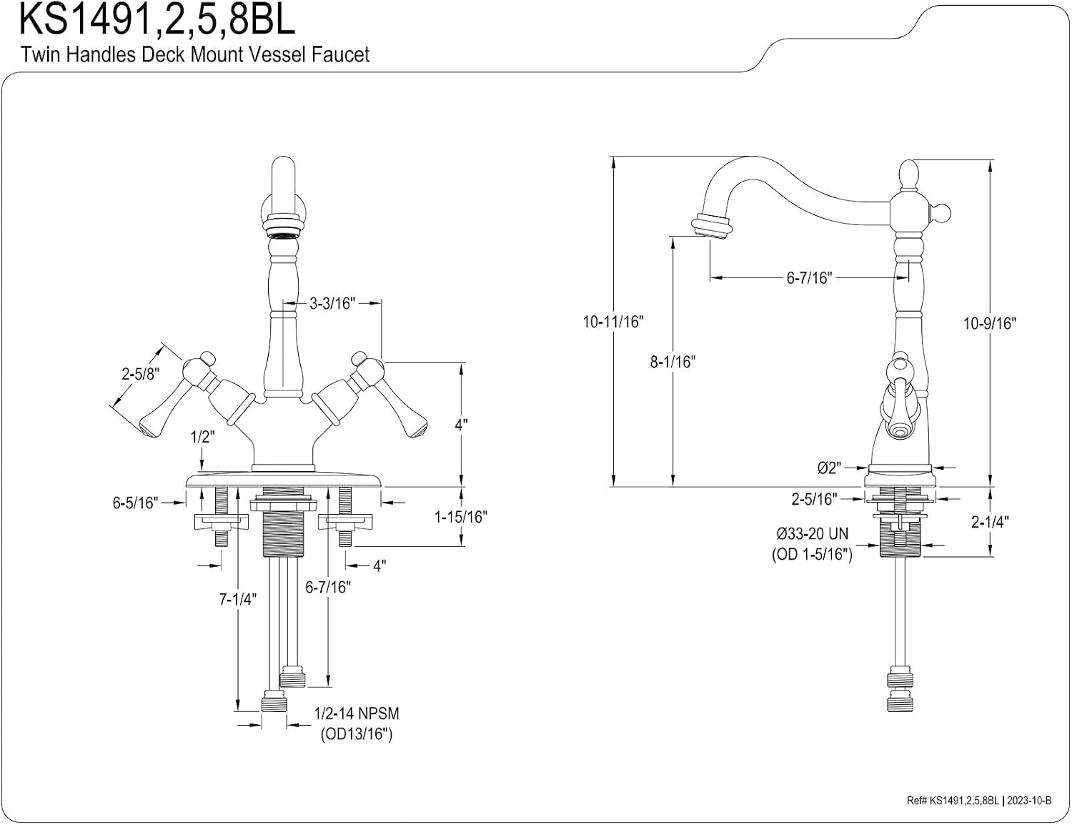 Kingston Brass KS1491BL Heritage Vessel Sink Faucet with 4-inch Deck Plate, Chrome