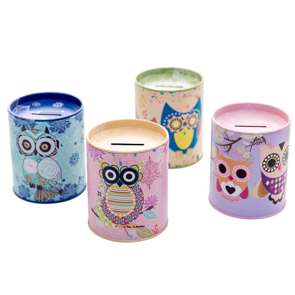 Ogquaton Vintage Tinplate Cylinder Piggy Bank, Cartoon Colorful Geometric Owl Patterns Money Saving Box Reward Penholder Coin Cash Storage Case Gift, 1PC Random Color Creative and Useful