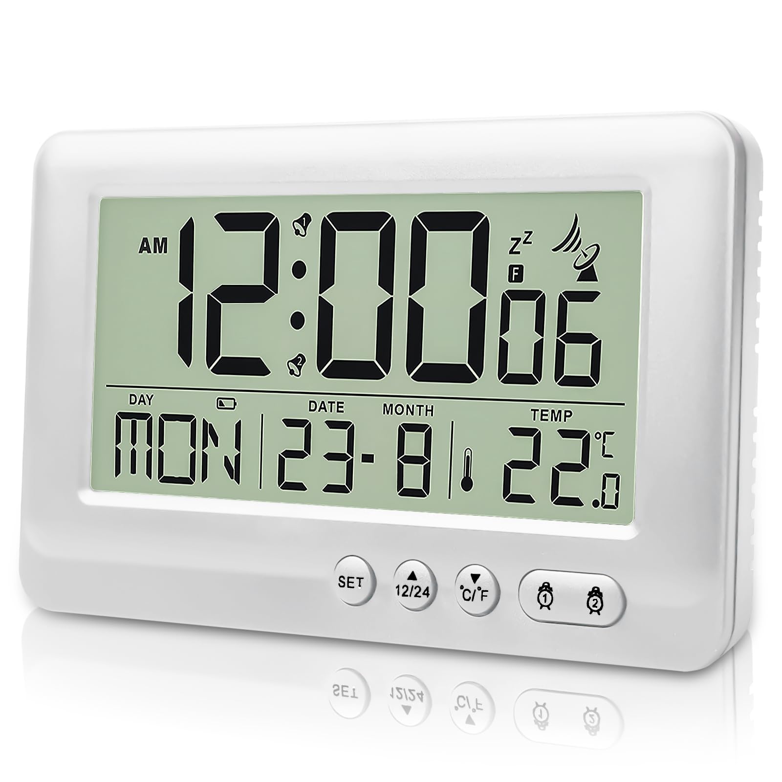 Gaouto White Digital Radio-Controlled Alarm Clock With Thermometer, Alarm Clock Digital With Two Alarm Times, Radio-Controlled Clock With Temperature, Backlight, Snooze Function, Date, Day Of The Week