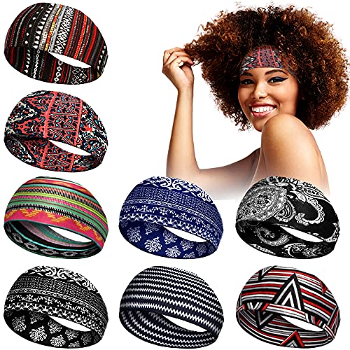8 Pieces African Headband Stretchy Boho Print Head Band Yoga Sports Workout Hairband Elastic Turban Headwrap Head Wear for Women Girls Hair Accessories (Classic Pattern)