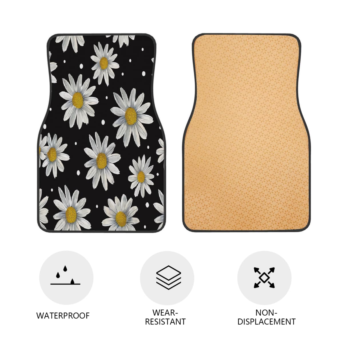 Lot de 4 tapis de voiture universels en polyester imprimé marguerites blanches pois noirs avec dos antidérapant pour voitures, SUV, camions et camionnettes