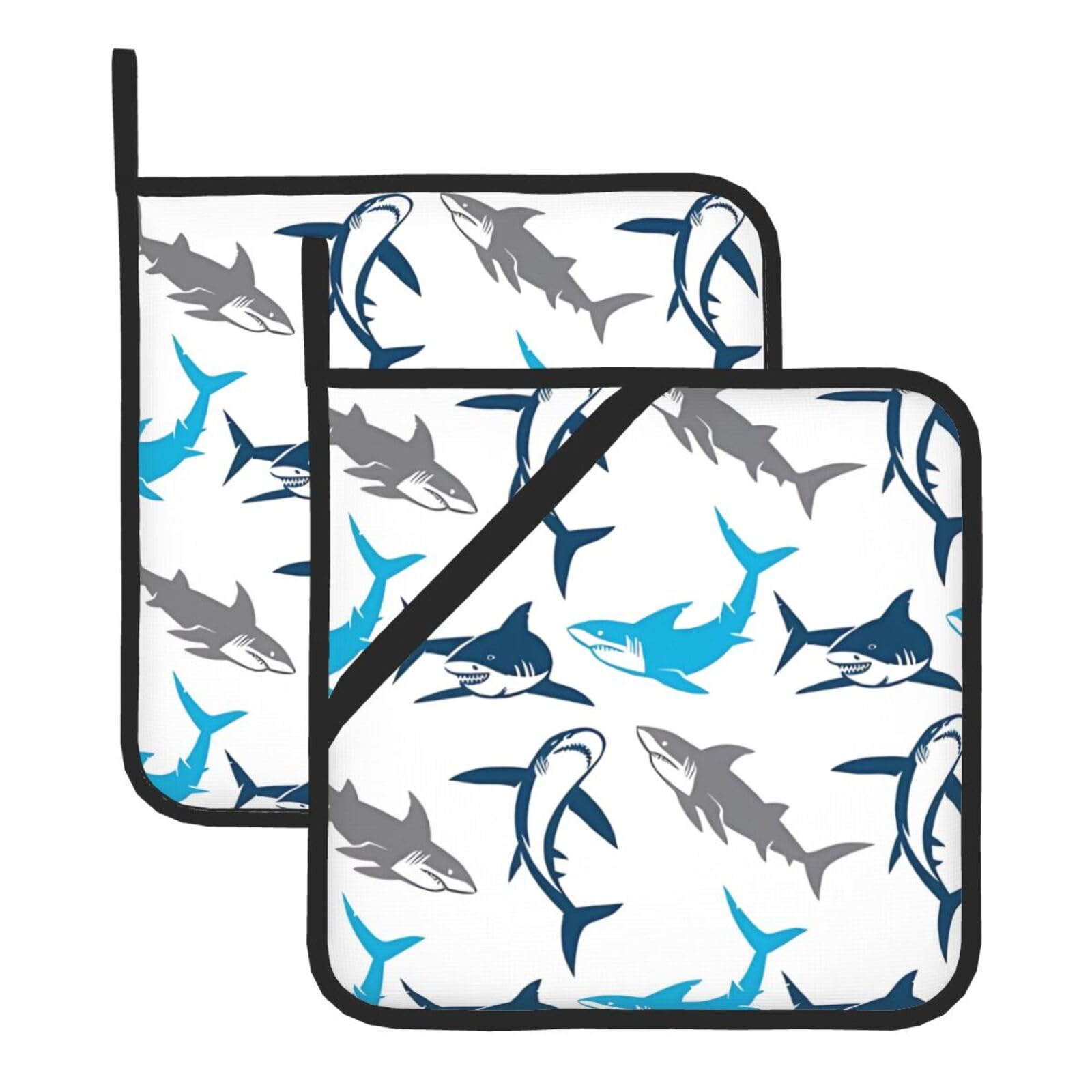 WHJSHOP Cartoon Sharks Prints Square Hot Pads for Kitchen Counter - Thick Heat Resistant Trivets for Microwave & Oven, BBQ Grilling Cover (2 Pack)