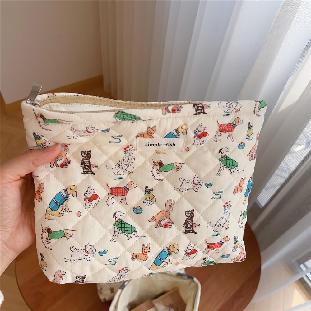 Quilted Cotton Makeup bag Cute Animal Cosmetic bag,Cotton Aesthetic Makeup Bag Large Capacity Travel Toiletry Bag for Women and Girls(01Dog) - Image 4