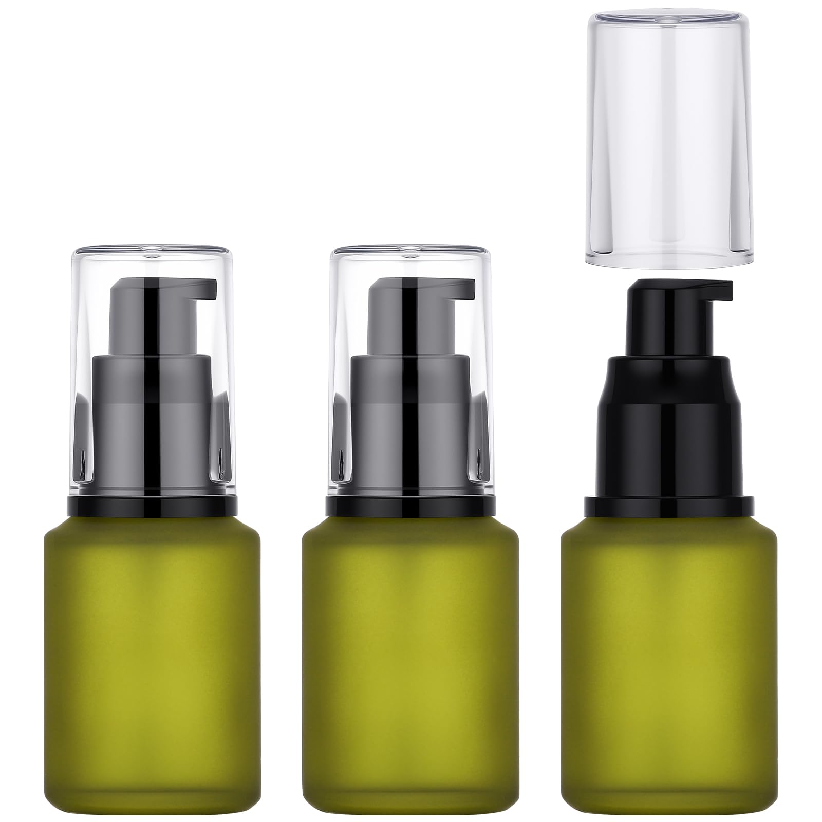 Segbeauty 1oz Frosted Glass Empty Travel Size Bottles for Creams, 3pcs Refillable Lotion Pump Bottle Dispenser, 30ml Liquid Travel Containers, Green Mini Lotion Container Foundation Pump Dispensers