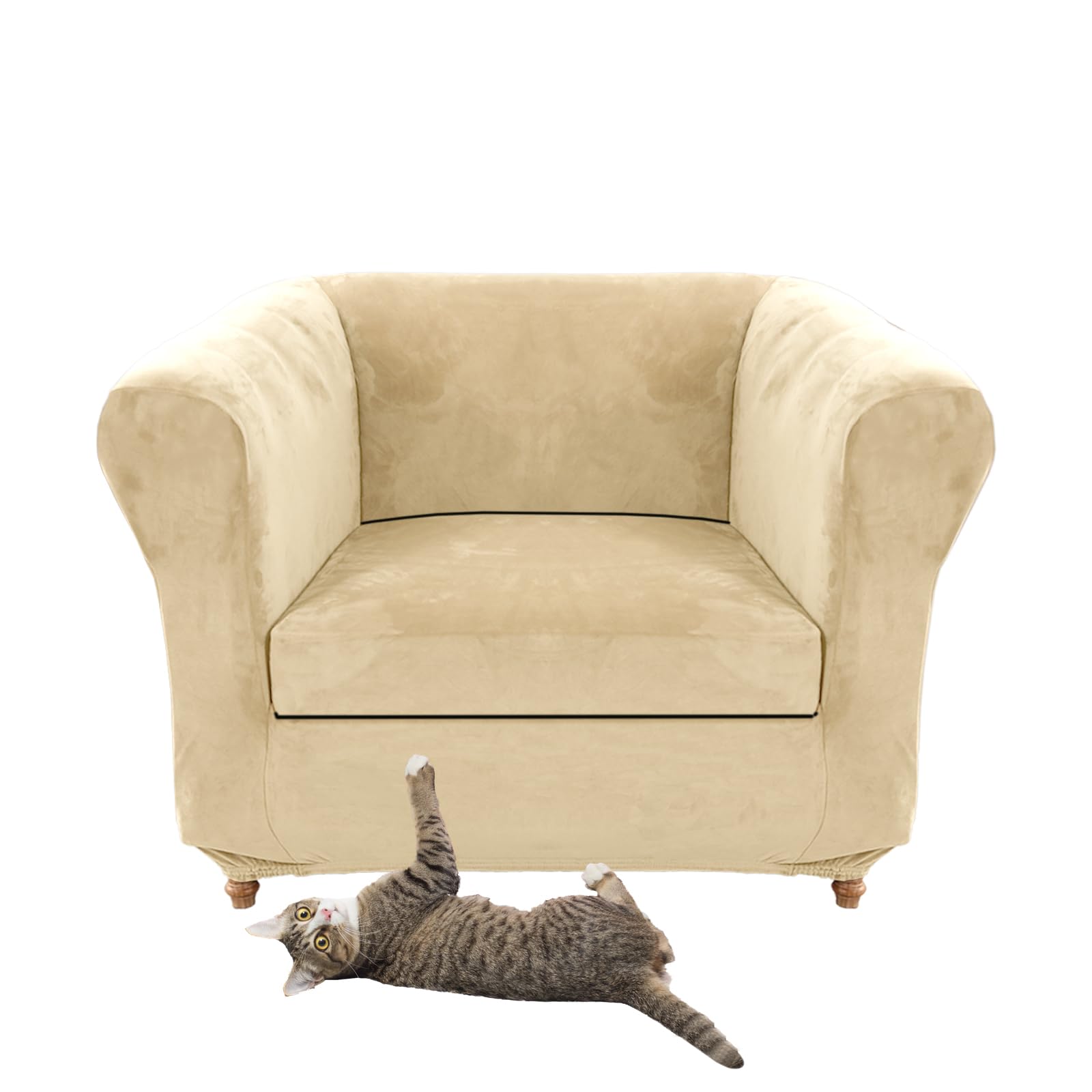 Stretch Velvet Chesterfield Sofa Cover Couch Cover with Seat Cushion Covers for Curved Chaise Armchairs Vintage Style (Beige Chair + 1 Large Seat)