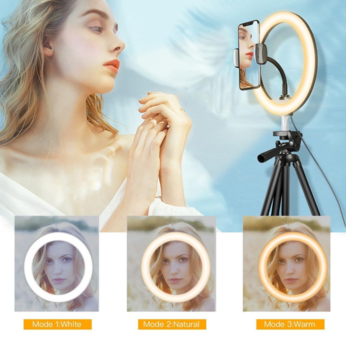 Luce ad Anello LED con Treppiede e Maniglia, Nero, Plastico