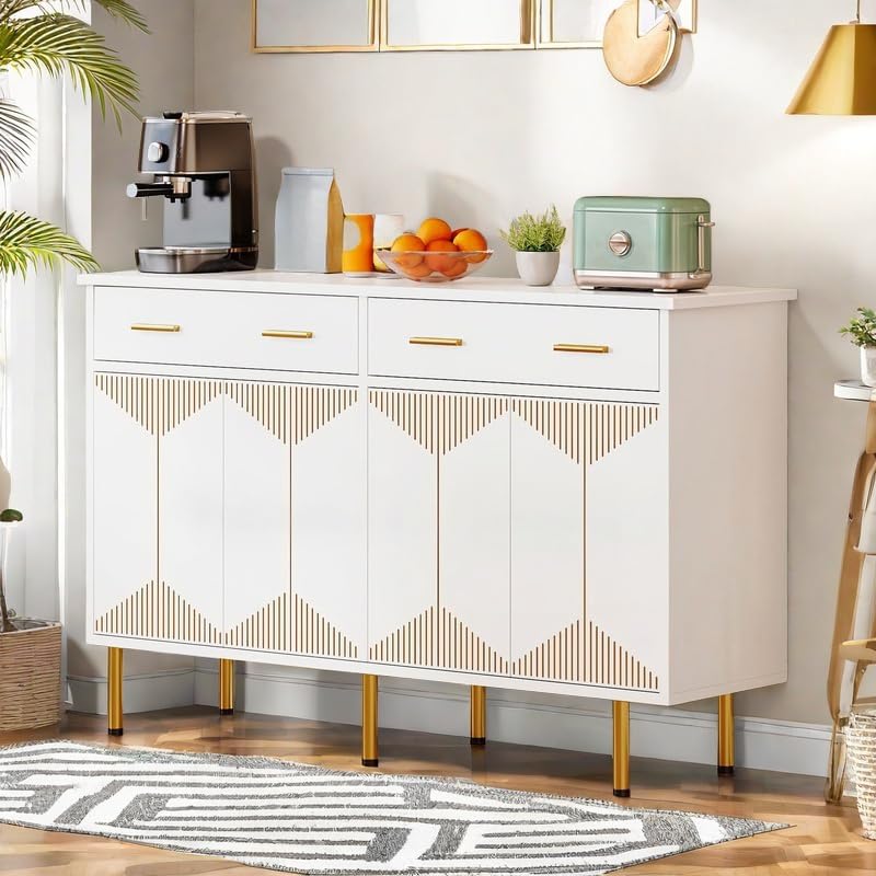 DWVO Modern Sideboard Buffet Cabinet with Storage, 55" Kitchen Storage Cabinet with Doors and Drawers for Hallway, Kitchen or Living Room, White/Gold