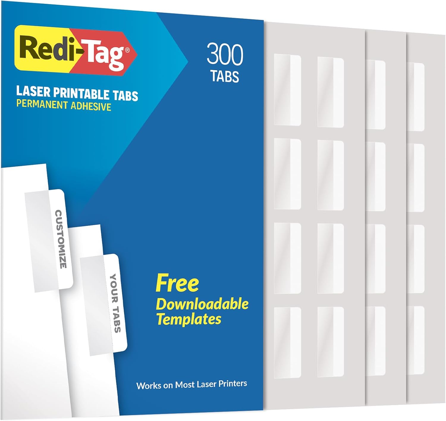 Redi-Tag Laser Printable Tabs, Permanent Index Tabs, Customizable Adhesive Labels, White, 2" x 0.875", 300 Per Pack (B39170)