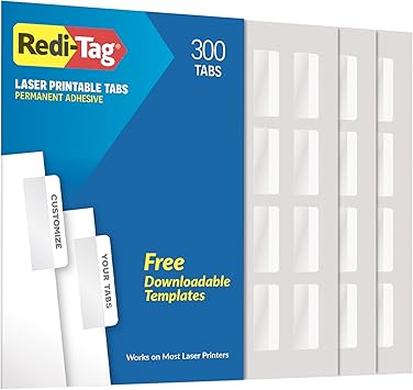 Redi-Tag Laser Printable Tabs, Permanent Index Tabs, Customizable Adhesive Labels, White, 2" x 0.875", 300 Per Pack B39170