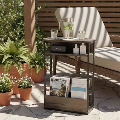 Miniatura 8 de Mesa auxiliar estrecha vintage con estante de almacenamiento, mesa auxiliar delgada de 3 niveles, mesa de sofá moderna para espacios estrechos y