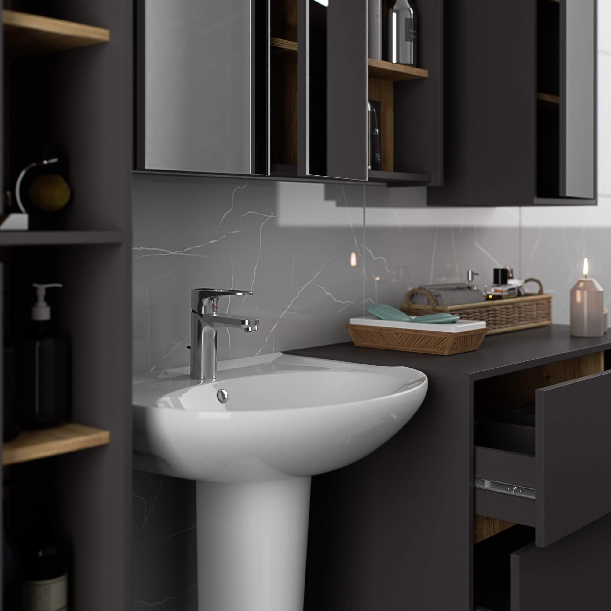 AKORD Mobile Bagno Sospeso con Lavabo - Mobile Lavabo Bagno 90 cm, 2 Cassetti - Moderno, Versatile - Per Montaggio a Parete - Vani Aperti - 90x60x45,5 cm - Grigio Grafite & Rovere Artisan