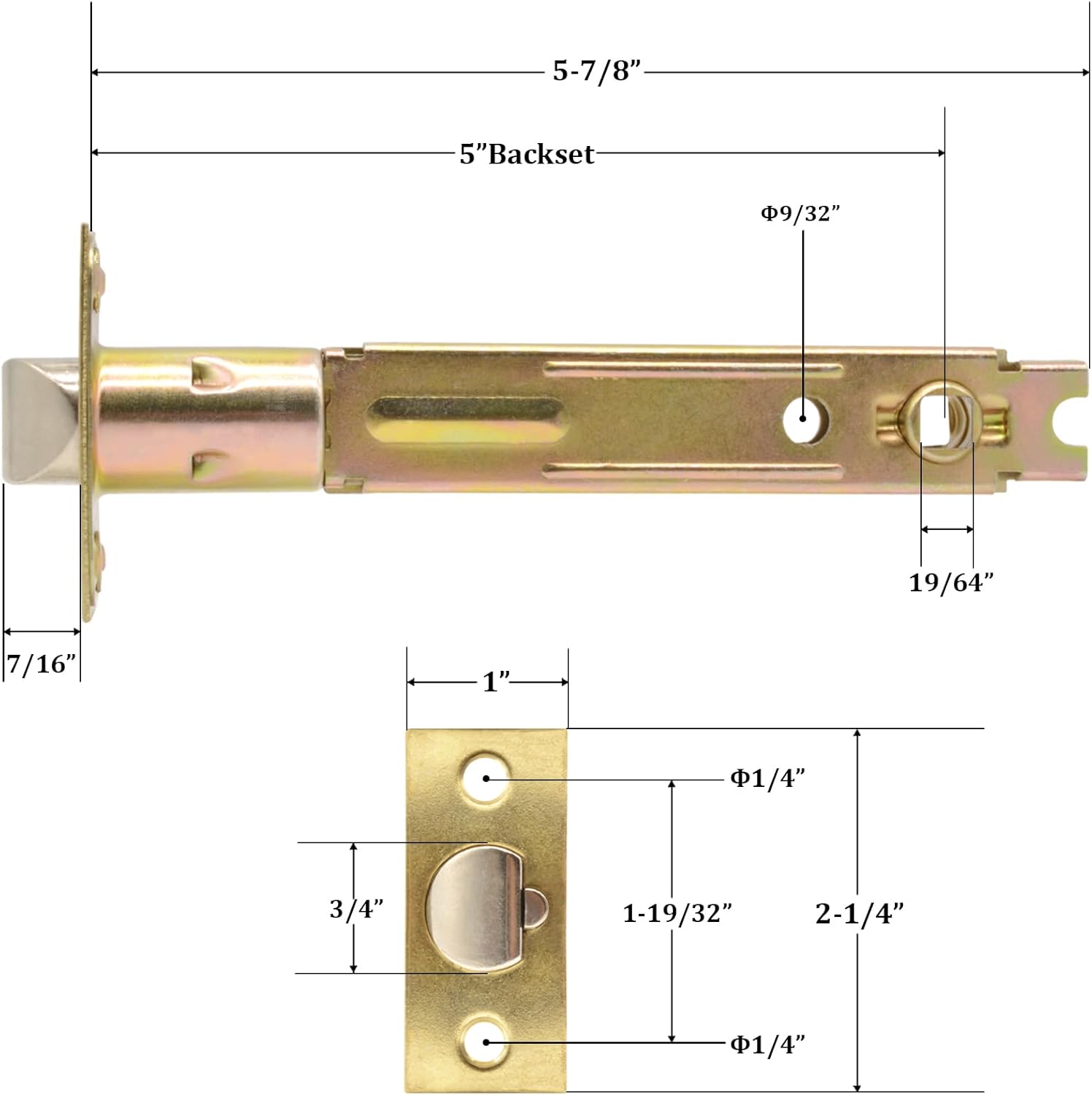 5-Inch Deadlatch Door Lock Replacement Latch with Square Interface Fits 5 Inch Backset Standard Entry Doors Knobset or 90°Rotation Leverset, Polished Brass