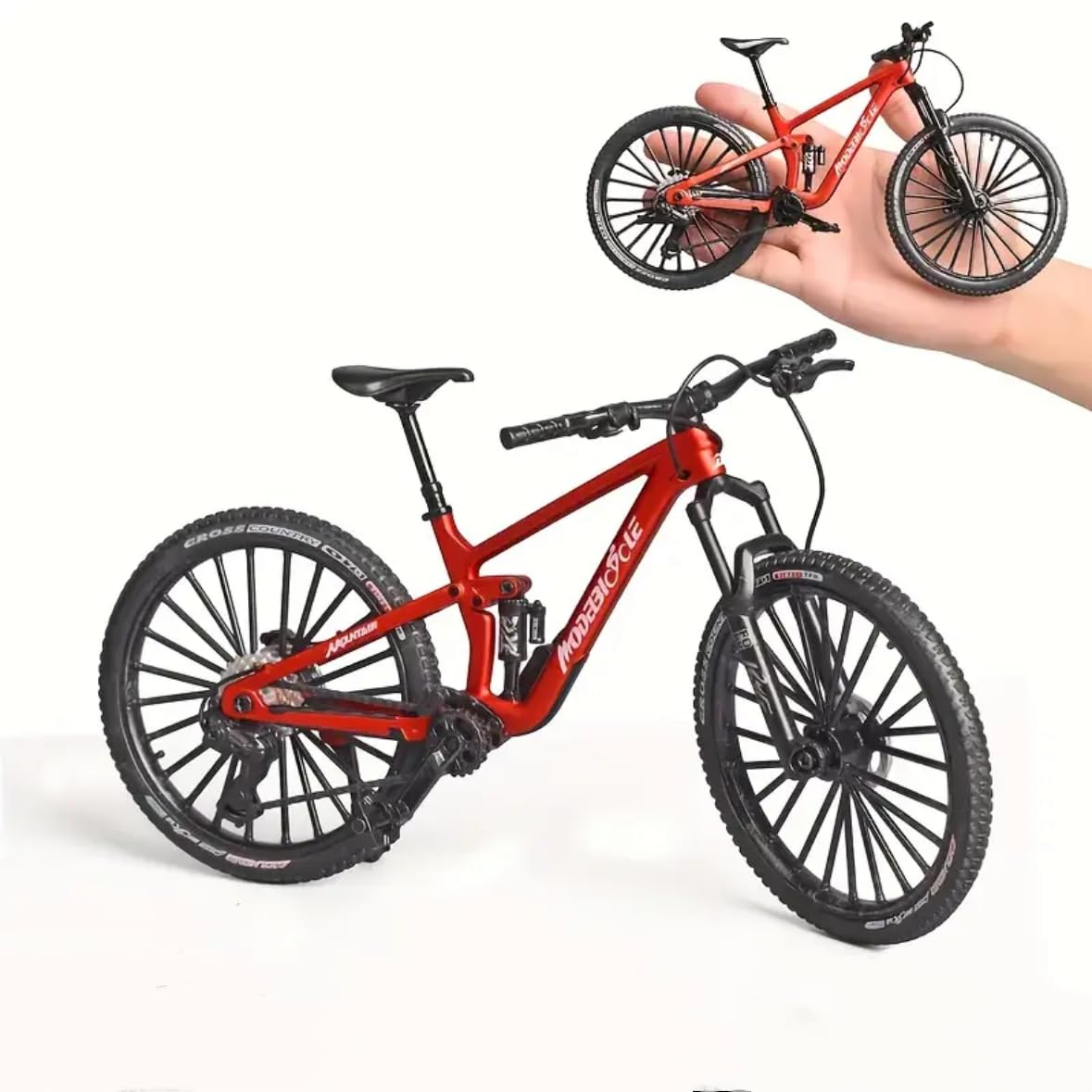 1: 8-ratio die-casting mini mountain bike toy, miniature finger bike model, alloy cake decoration, desktop ornament, bicycle enthusiast, bicycle racer, athlete, child, boy, girl (red)