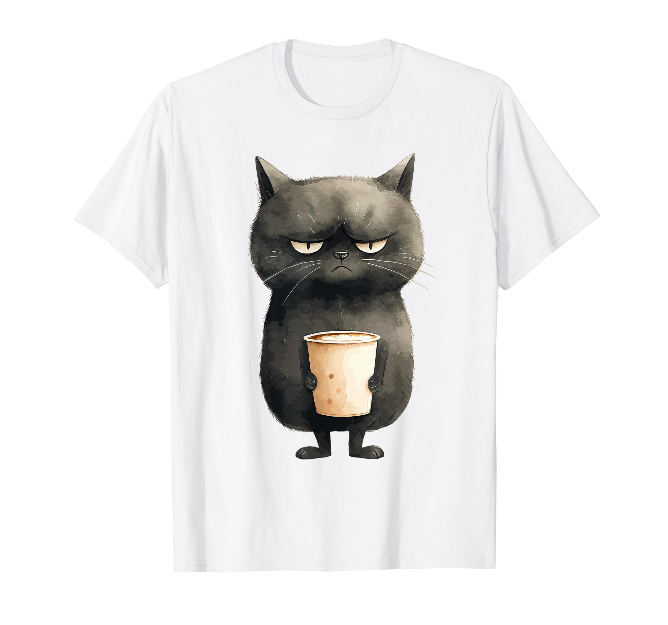 Grumpy Black Cat with Latte Coffee T-Shirt
