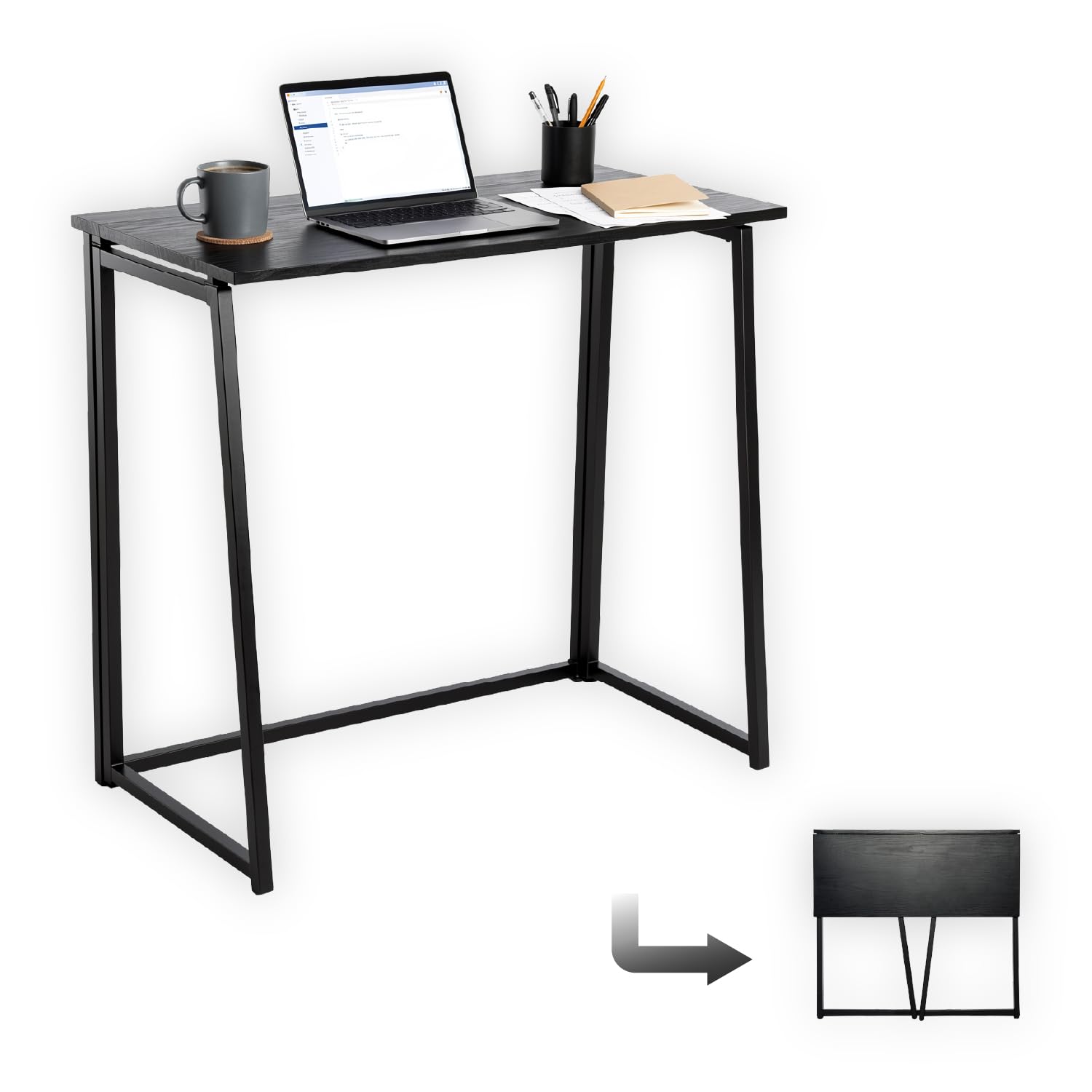 MEUBLE COSY Scrivania per Computer Pieghevole Postazione di Lavoro per Ufficio, Studio, Piccoli Spazi, Facile da Montare, Struttura in Metallo, Nero, 80x44x74cm