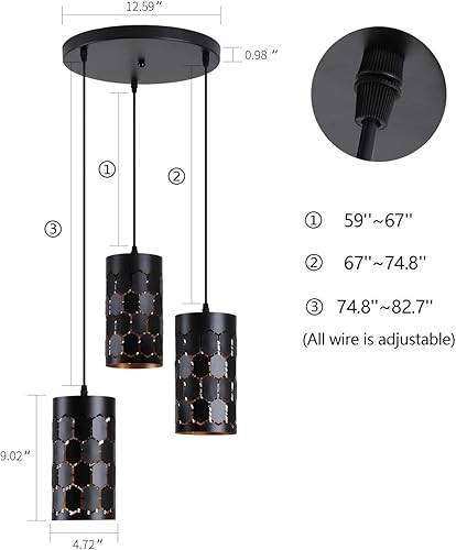Miniatura 4 de Iluminación moderna de isla de cocina de 3 luces con jaula cilíndrica de metal, base redonda industrial, lámpara colgante múltiple para comedor,