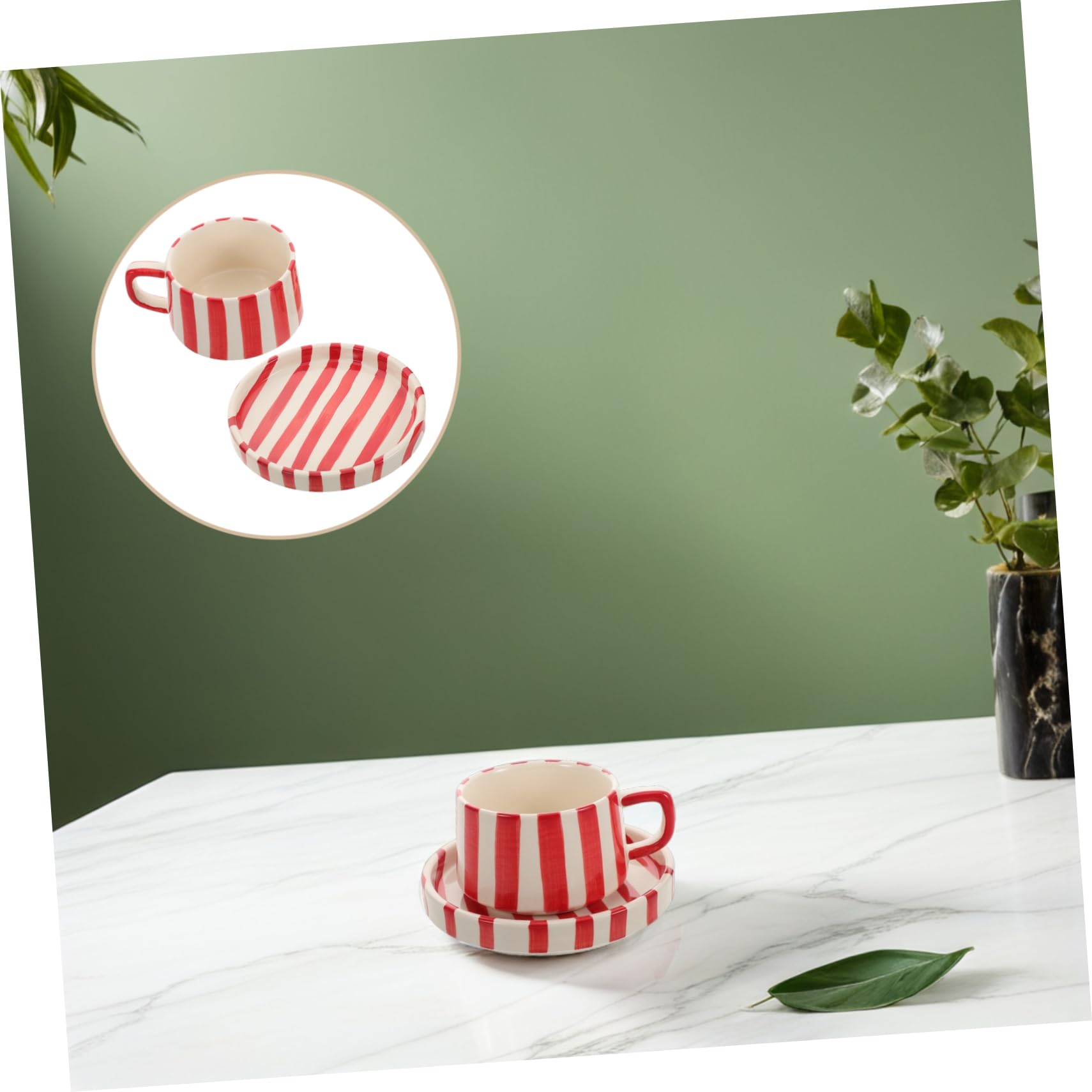 Gatuida Tasse à Café Céramique Rayée Avec Soucoupe Rouge Mug Et Sous-tasse Pratique Pour Bureau Thé Et Espresso Design Unique Et Facile à Nettoyer