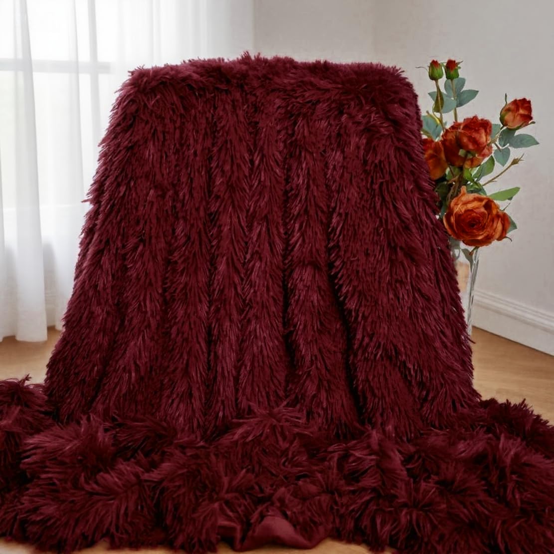 Myru Plush Super Soft Blanket Bedding Sofa Cover Furry Fuzzy Fur Warm Throw Qulit Cozy Couch Blanket for Winter (51"x63", Burgundy)