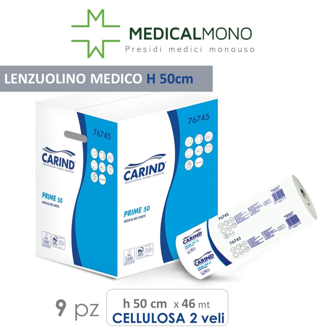 MEDICALMONO - 9 Rotoli di Carta Lettino Massaggio cm 50 x 46 m, Lenzuolino Medico in pura cellulosa,Carta per tavoli medici da esame
