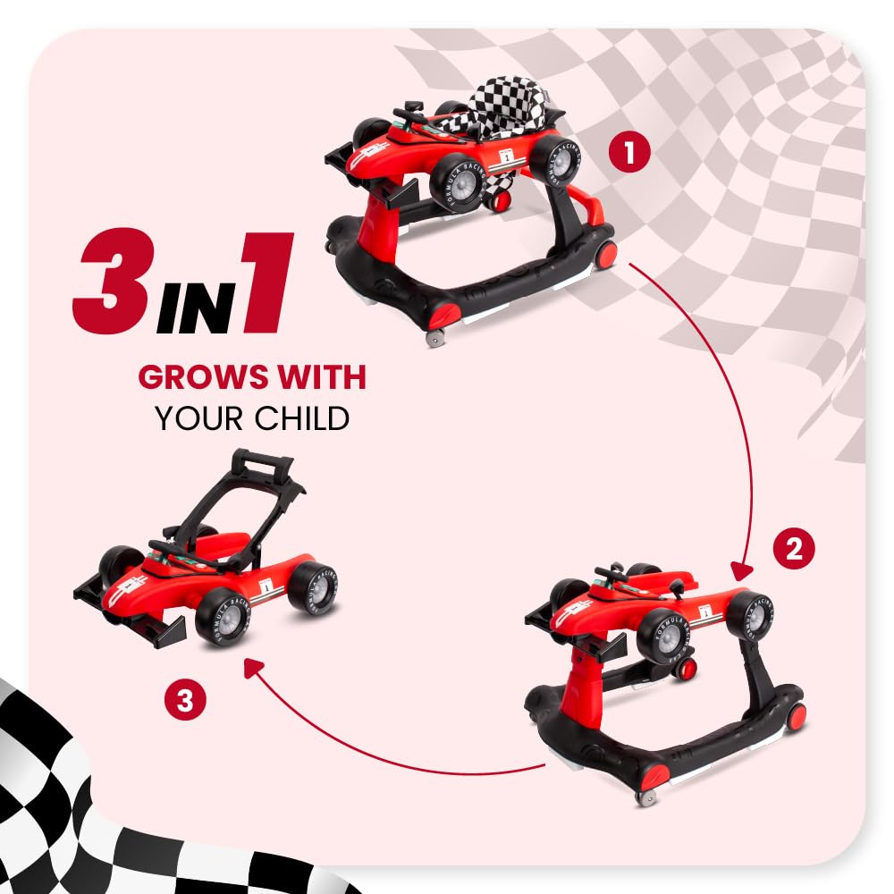 Andador para bebés Formula Racing, 6-18 meses, baby walker plegable con ruedas silenciosas, caminante con Empuje Regulable en Altura, coche de aprendizaje móvil con música y luz (Rojo)