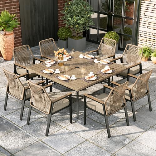 Image of MIXPATIO 9 Pcs Outdoor Dining Set, 8 Rattan Fixed Chairs with Soft Cushion and 57.5 inch Square Table with Umbrella Hole, Patio Table and Chairs for Backyard Porch