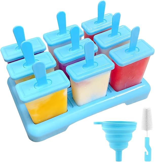 Alinana Ice Lolly Moulds with Sticks, 9 Cavities Popsicle Mould, Food Grade BPA-Free Ice Pop Moulds, DIY Ideas Ice Lolly Moulds with Cleaning Brush, A Funnel