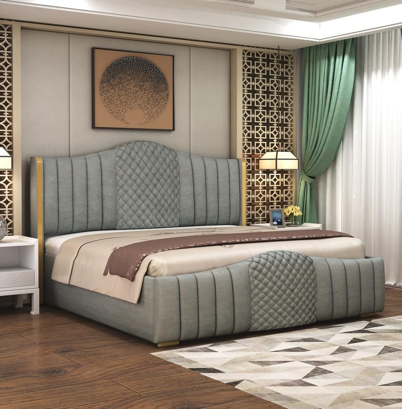 Aesthetic crafts Modern Upholstered King Size Bed with Box Storage for Bedroom | Wooden Double Bed with Storage | Platform Cot Bed with Upholstery Premium Fabric | 6.5 x 6 Ft | Sheesham Wood, Grey