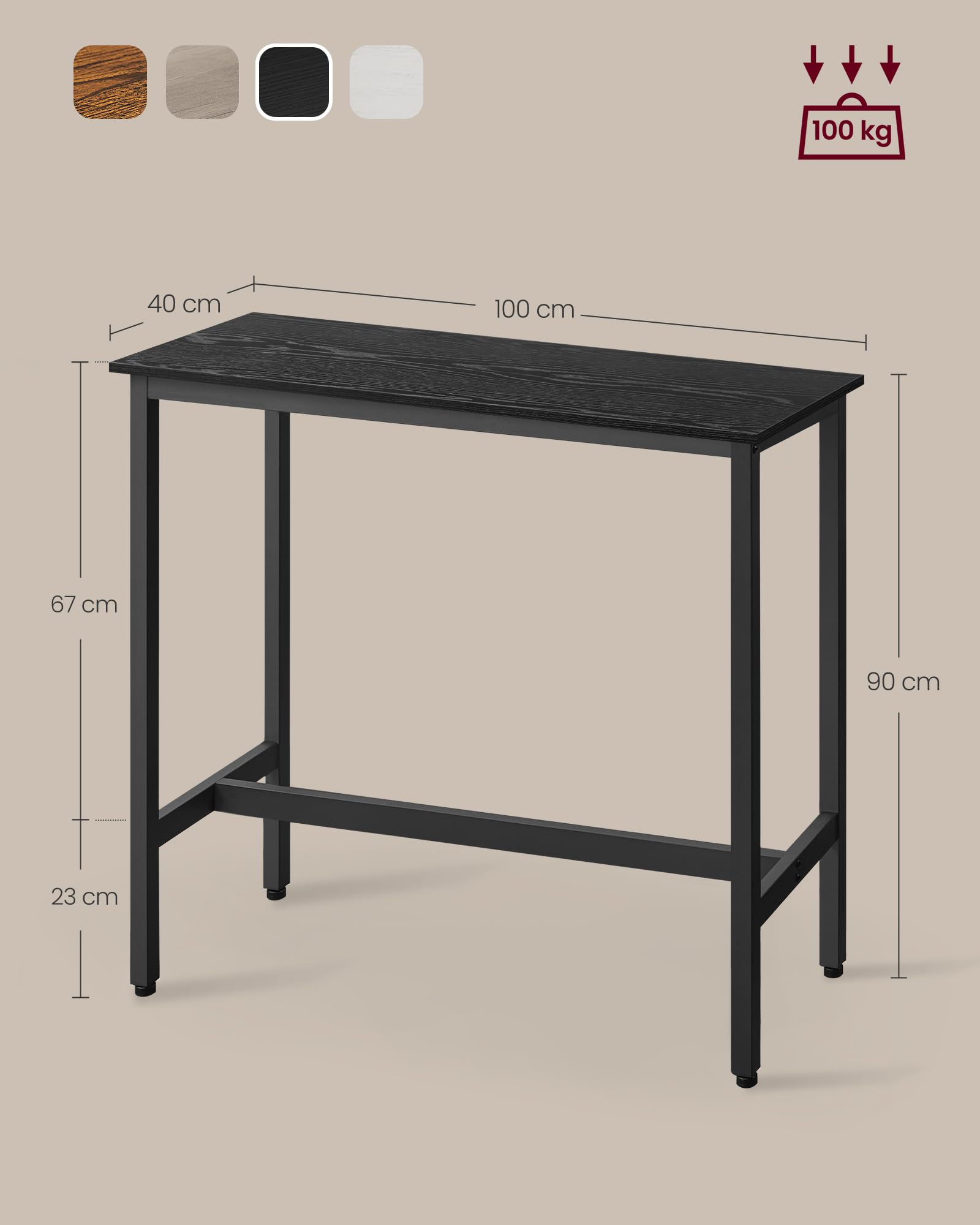 VASAGLE Bar Rettangolare Stretto, Cucina, Tavolo da Pranzo, Telaio in Metallo, 40 x 100 x 90 cm, Facile da Montare, Design Industriale, Ebano e Nero Inchiostro LBT010B56, Black, 100 x 40 x 90 cm