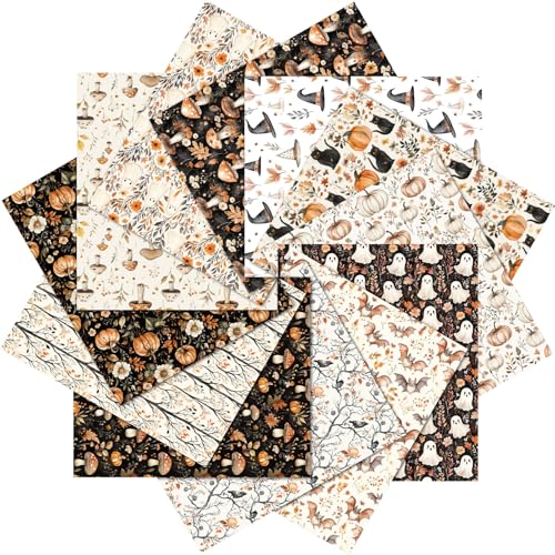 Mindsoft 12 Pcs Halloween Fabric Bundles 18 x 22 Inch Cotton Fall Pumpkin Spooky Ghost Fat Quarter Black Cats Witchy Quilting Fabric Vintage Boho Neutral Precut Patchwork Material for DIY Sewing Craft