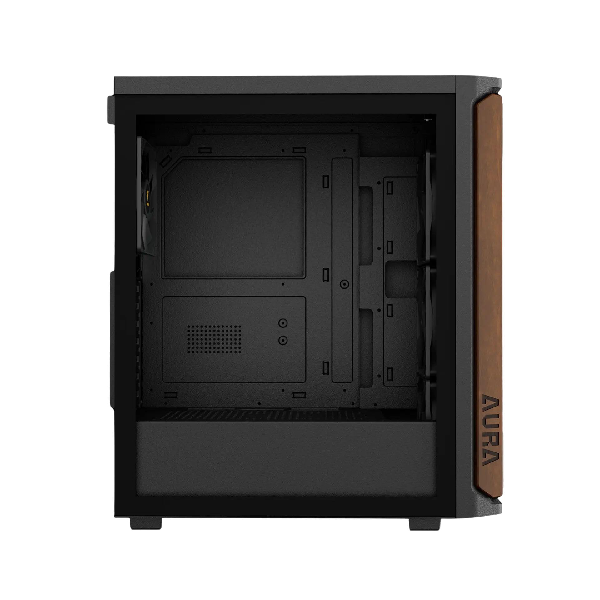 GAMDIAS AURA GC11 WOOD ATX - Carcasa para PC de media torre para juegos, panel frontal de malla de nogal, 4 ventiladores de 120 mm, filtro magnético contra el polvo, vidrio templado, instalación sin