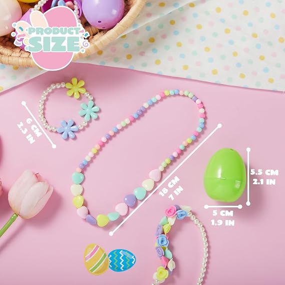 JOYIN 12 Pack Prefilled Easter Eggs with Jewelry Toys, Different Designs of Necklaces and Bracelets Girls Jewelry Set for Kids Easter Party Favor, Basket Stuffer, Classroom Exchange and Prize Supplies