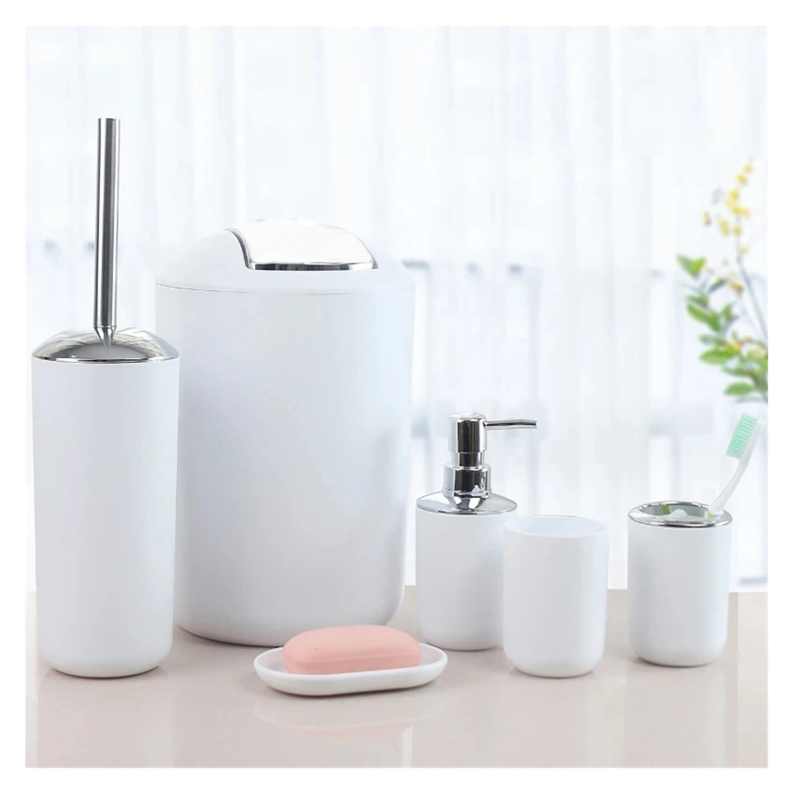 Badezimmer Zubehör Set 6-teiliges Badezimmer-Set, Seifenspender, Zahnbürstenhalter, Toilettenbürste, Mülleimer, Seifenschale, Badezimmer-Dosen-Set(Gray 4 Set)