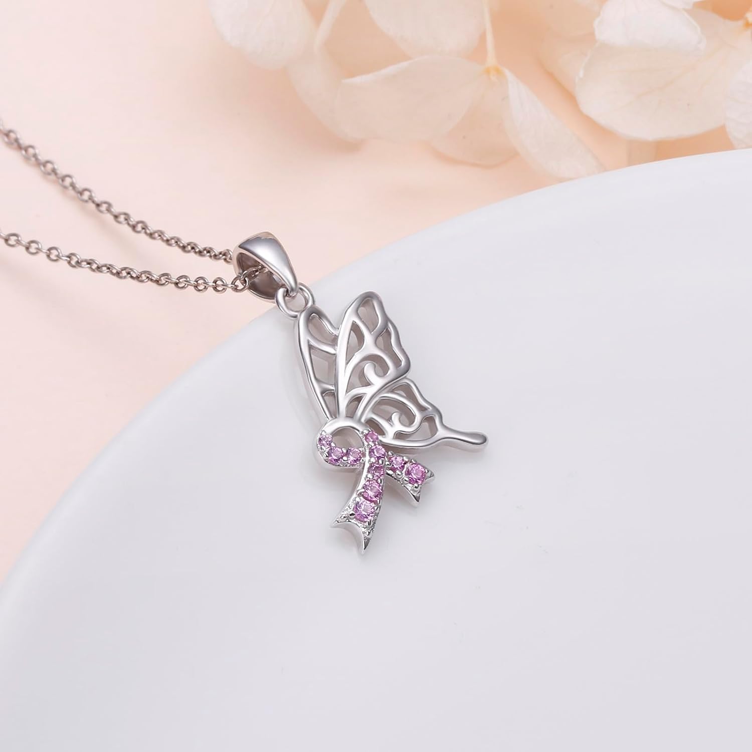 S925 Sterling Silver Breast Cancer Awareness Necklace Butterfly Pink Ribbon Pendant Necklace Survivor Gifts for Women - Image 4