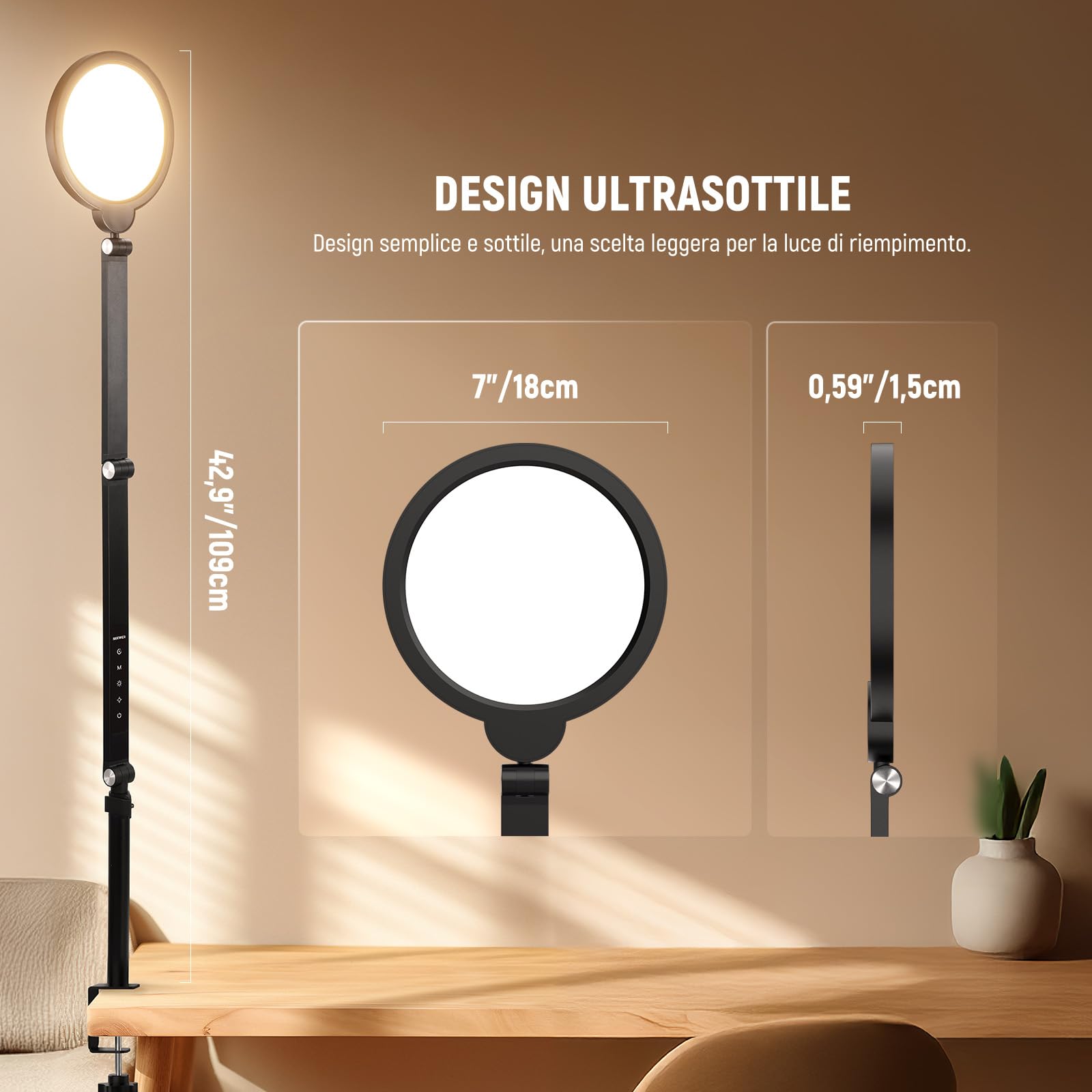 NEEWER Basic Ring Light da Tavolo 18W 18cm per Videoconferenze Streaming, Luce Anulare LED a Schermo Intero Dimmerabile 3000-6500K con Braccio Articolato e C Clamp per Zoom Call Telefono/Computer, R18