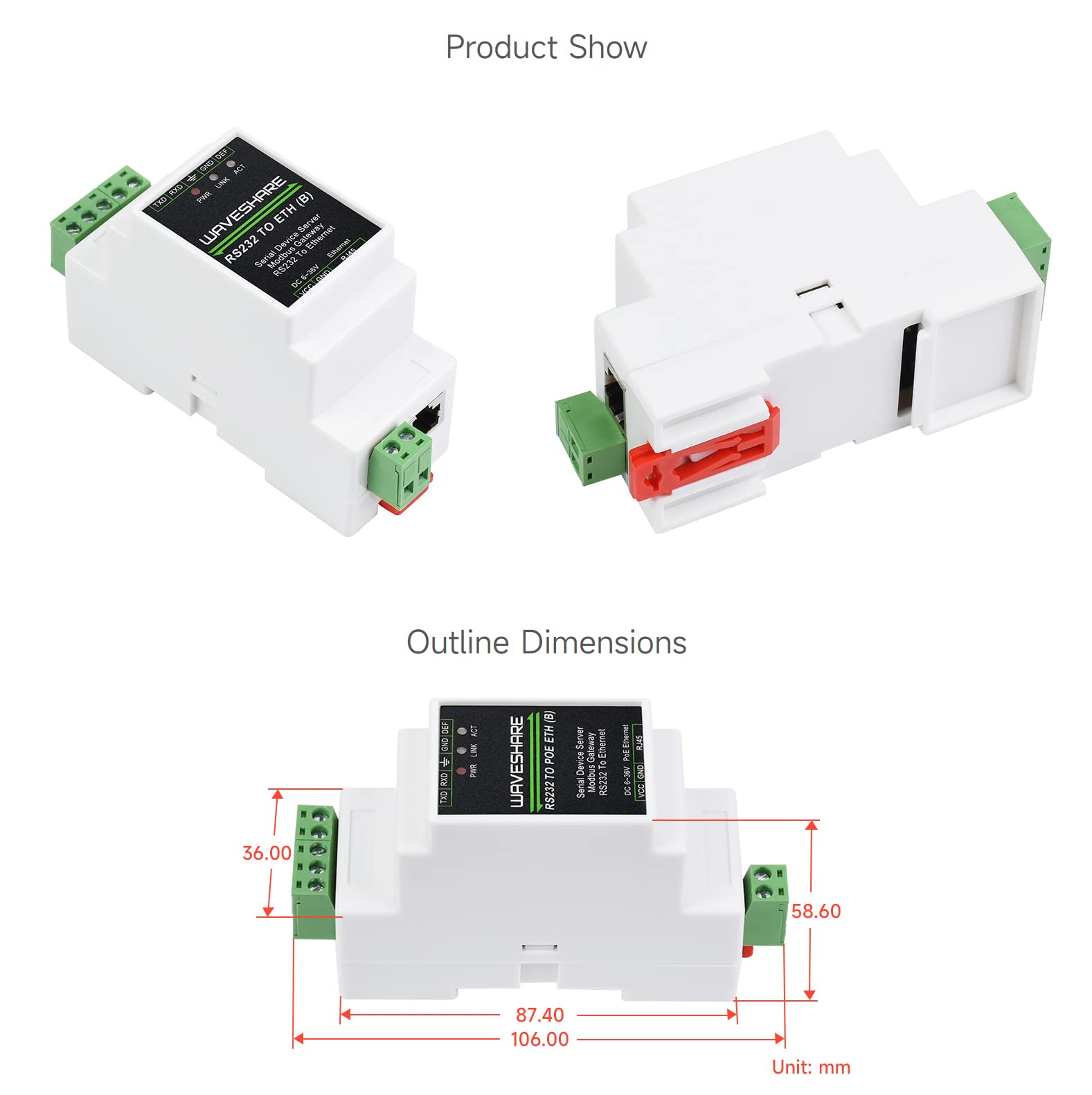 Waveshare Industrial Serial Server RS232 to RJ45 Ethernet TCP/IP Rail-Mount
