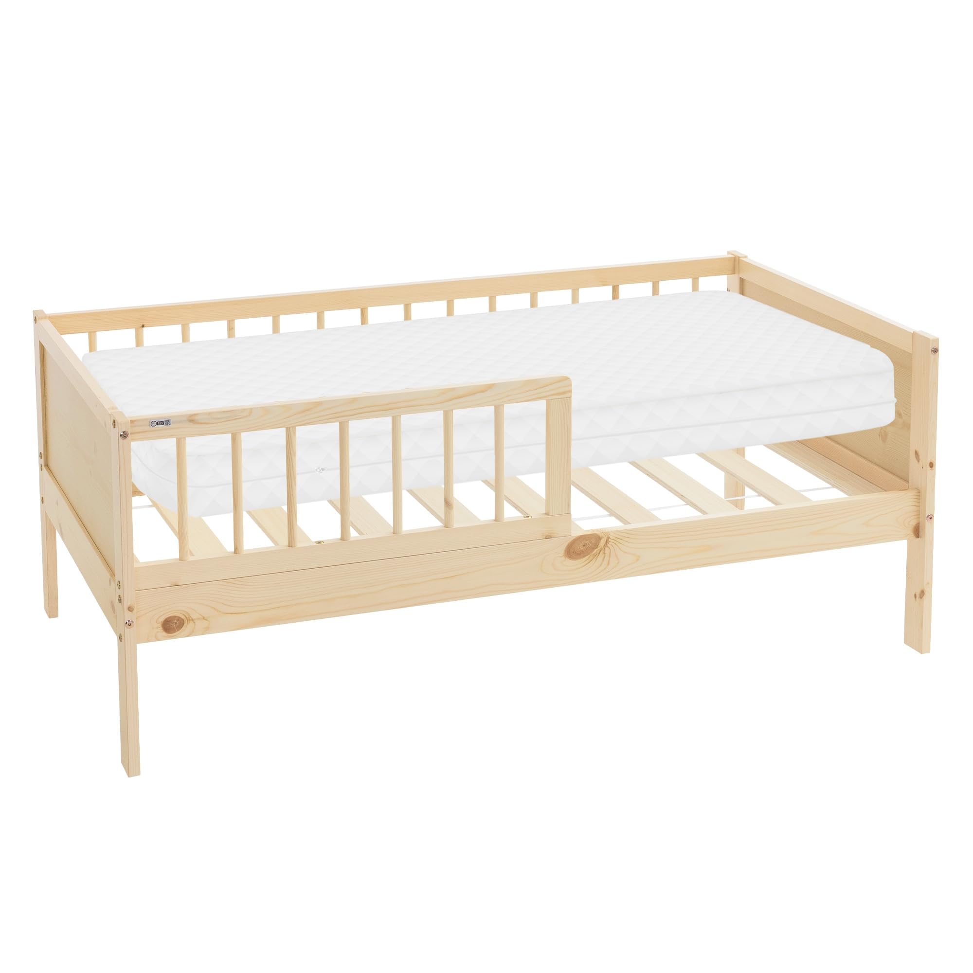ML-Design Cama Infantil Natural con Colchón De Espuma Fría 70x140cm Madera de Pino Maciza con Somier de Láminas y Protección Anticaída Estructura Robusta Mueble de Dormitorio para Niños/Bebés