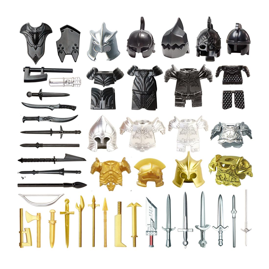 MetaHrystynx Medieval Ancient Weapon Pack Accessories Kits for Minifigures, Include Armor, Helmets, Shields, Weapons Compatible with Major Brands, 45 Pieces