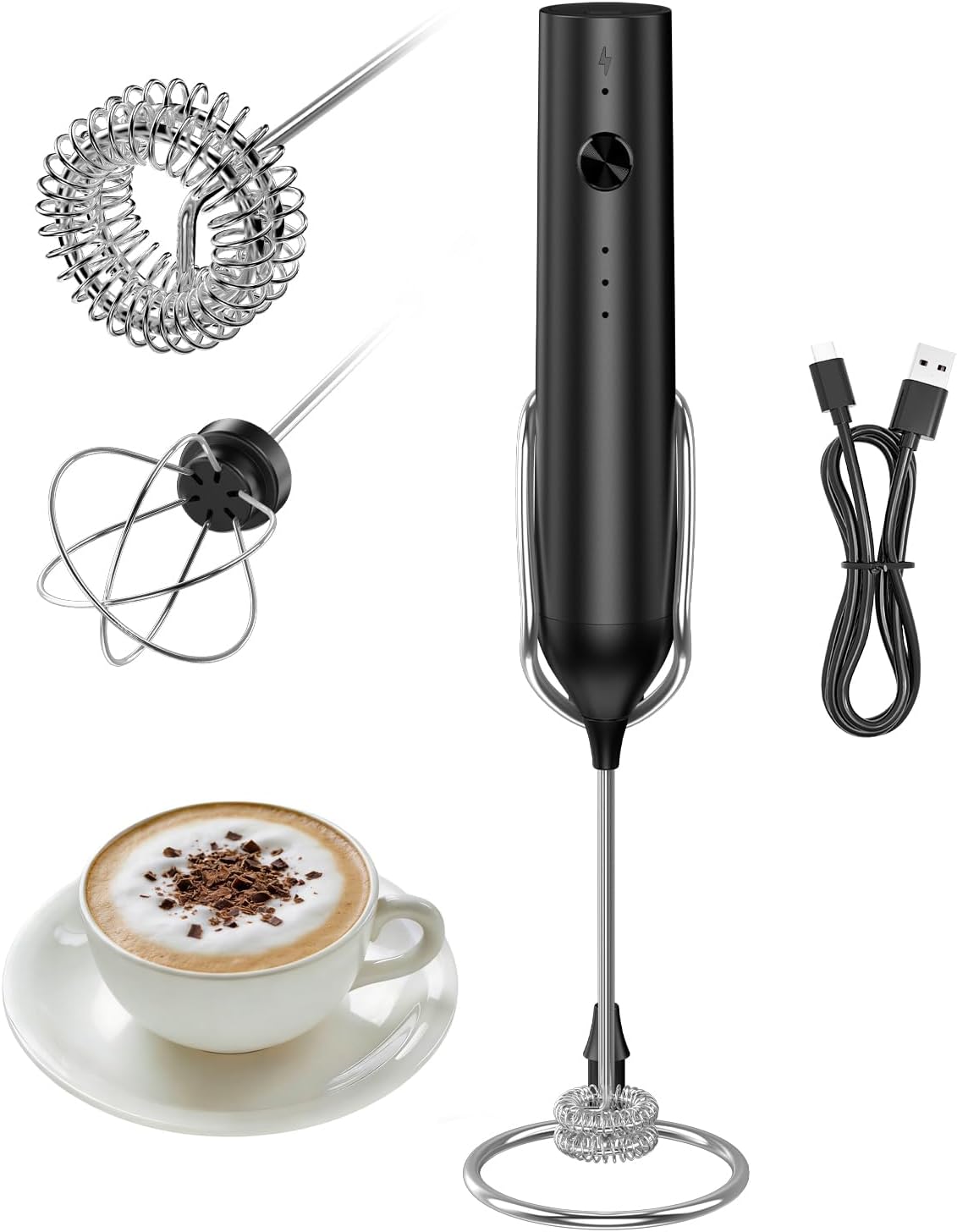 Rechargeable Milk Frother Handheld, Electric Whisk with 3 Speeds, Hand Drink Mixer with 2 Heads, Portable Coffee Frother Wand Handheld for Coffee, Lattes, Cappuccino, Eggs (Black)