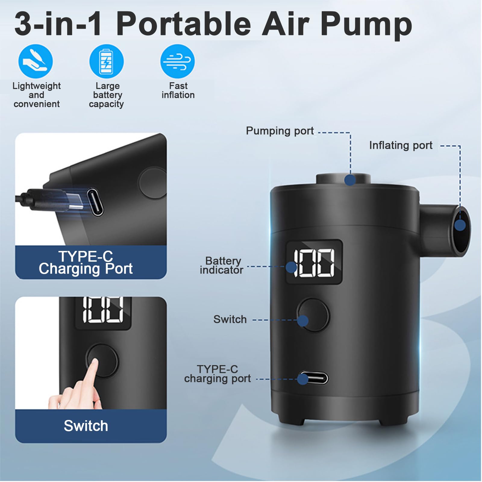Pompa do Napełniania Powietrza, Wbudowany Akumulator USB 280L/min - 3600mAh Wysoka Pojemność, 4 Dysze, Cyfrowy Wyświetlacz, Przenośna Mini do Materace Dmuchanych i na Kemping