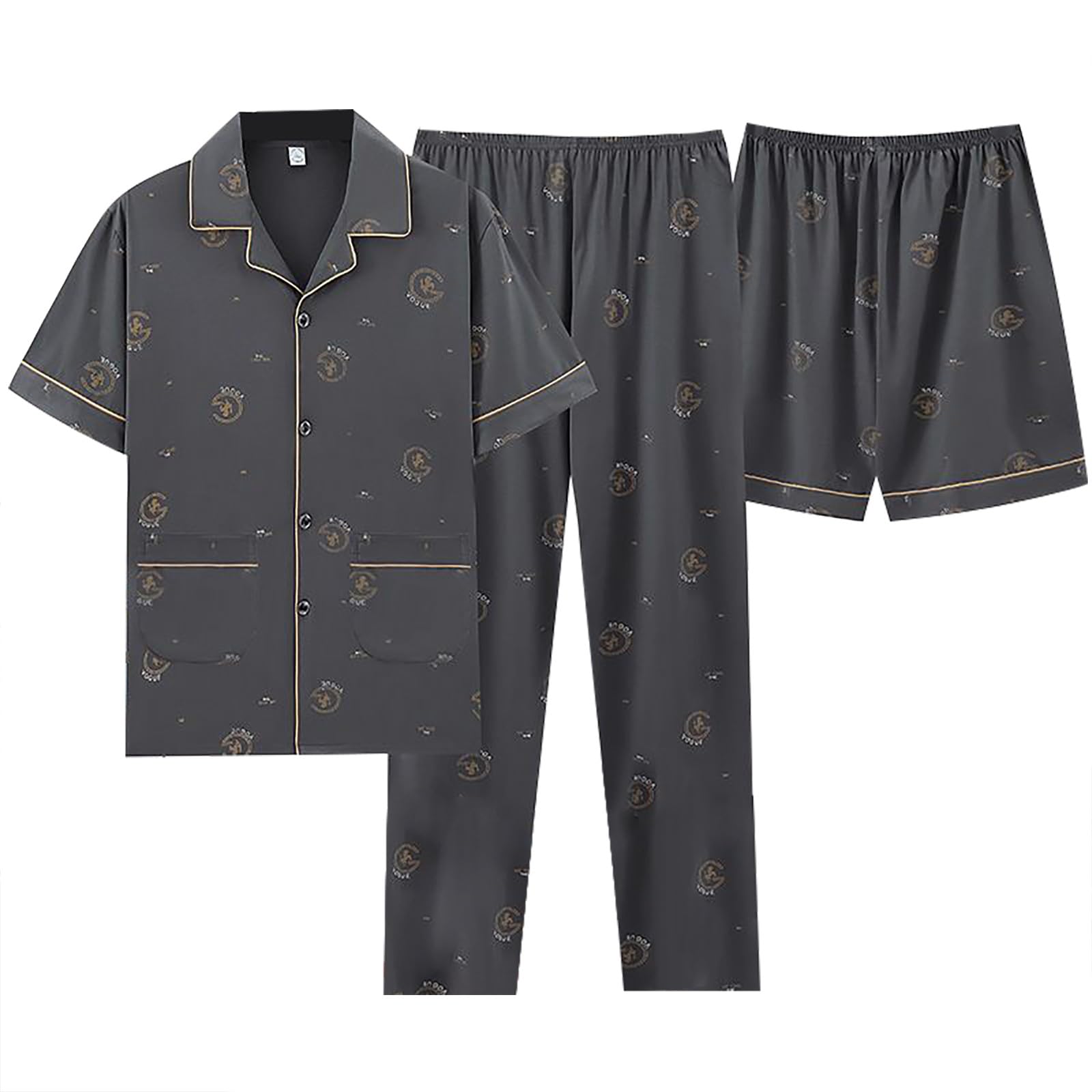 Pijama de 3 piezas para hombre, 3 piezas, conjunto de pijamas Y2K, manga corta, pijama con botones, pijama para hombre, ropa de noche, ropa de dormir, ropa de dormir, ropa de dormir, ropa de dormir