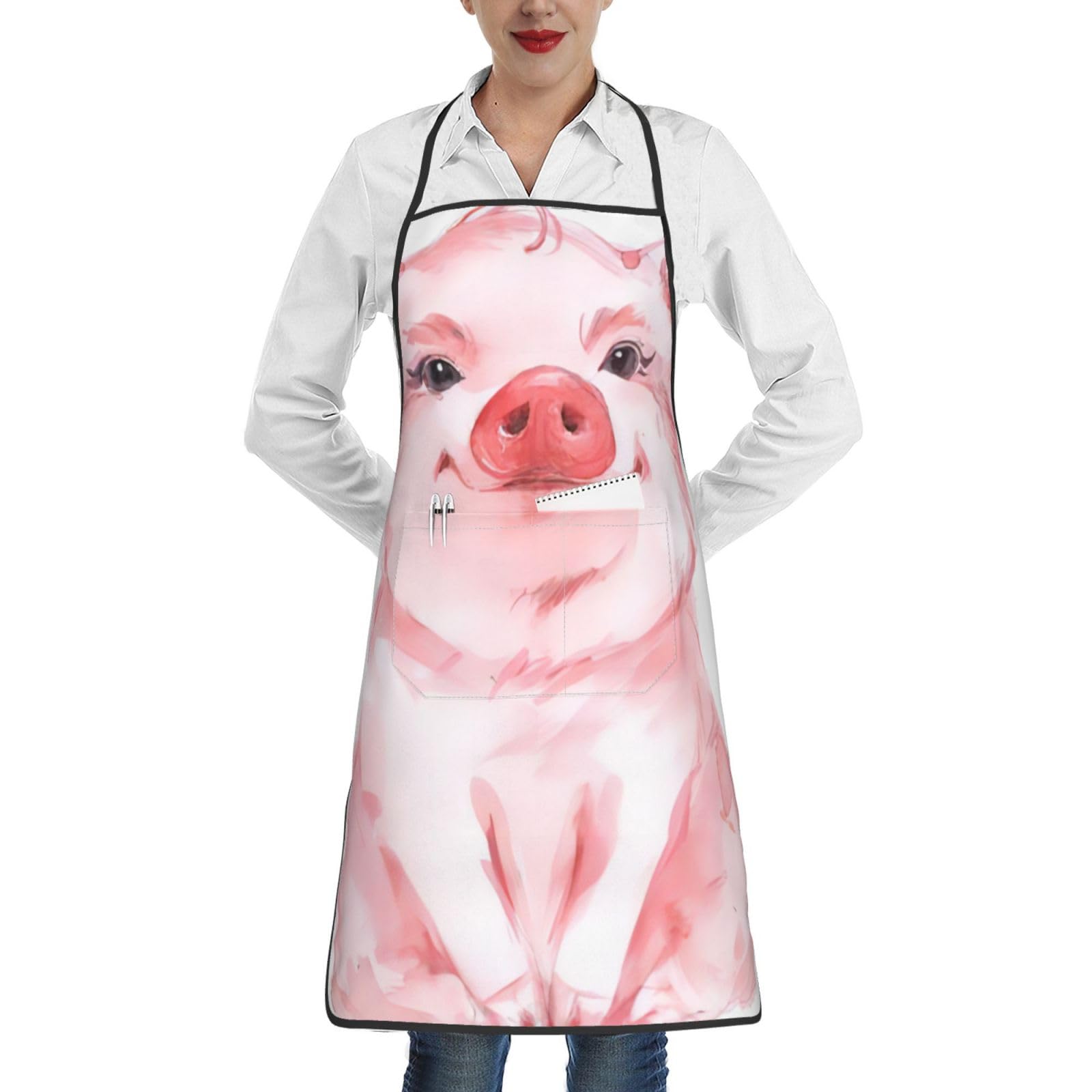 BLWSLC Lovely Pink Pig A printed tied-hem apron with pockets perfect for kitchens restaurants and cafes