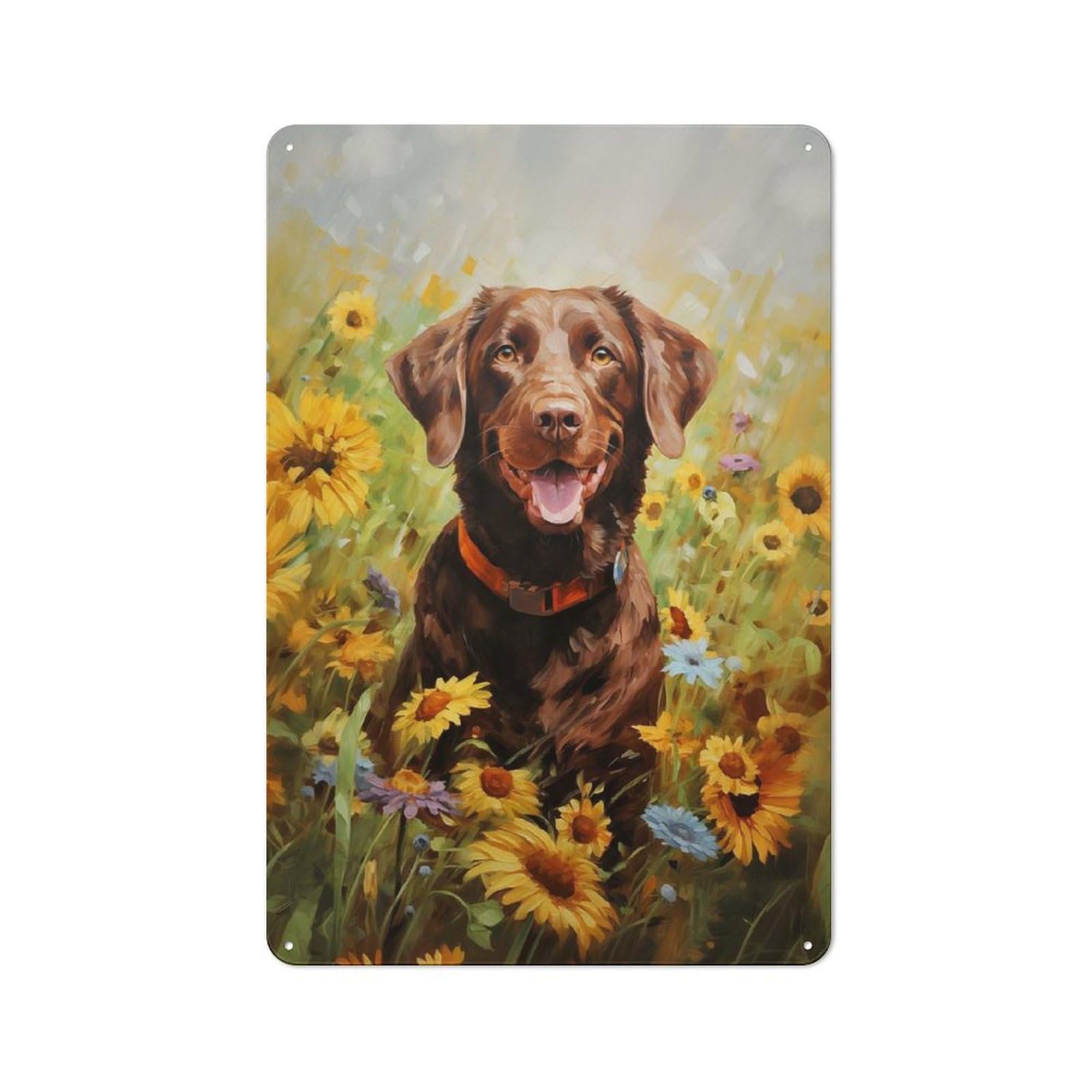 Tin Wall Plaque 30x20cm with Labrador in Sunflowers for Garage Or Workshop, for An Autumn Wall Display in Garage And Workshop