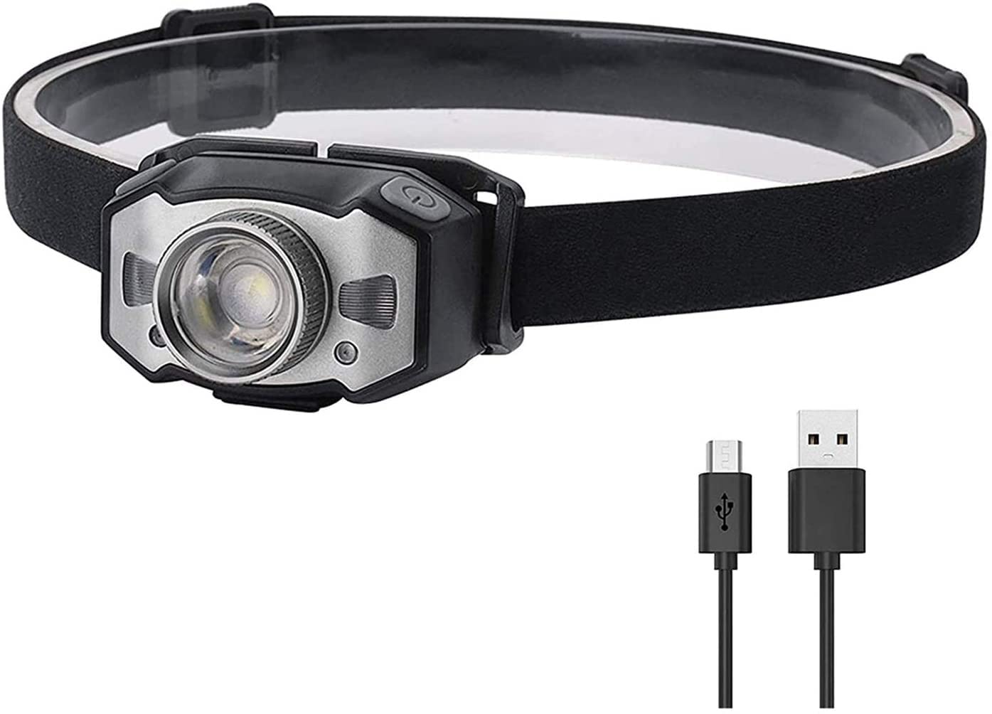 MyrRhe Lampada Frontale Ricaricabile con sensore di Movimento - LED da 500 Lumen, Leggera, Impermeabile, Fascia Regolabile, 5 modalità - Ideale per la Corsa e l'escursionismo