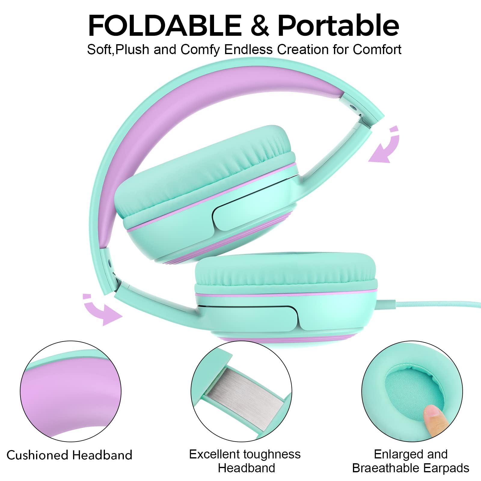 JOMILIN A10 Cuffie On-Ear con microfono, leggere e pieghevoli, con cavo senza groviglio da 1,5 m, cuffie cablate portatili per smartphone, tablet, computer MP3/4 (verde)