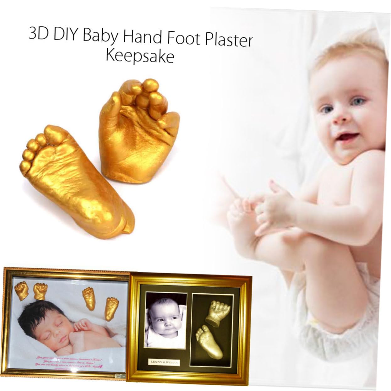 Yardwe 3 Pièces Kit Moulage Main Plâtre avec Poudre Or et Pinceau Souvenir Naissance Personnalisé Diy pour Main et Pied