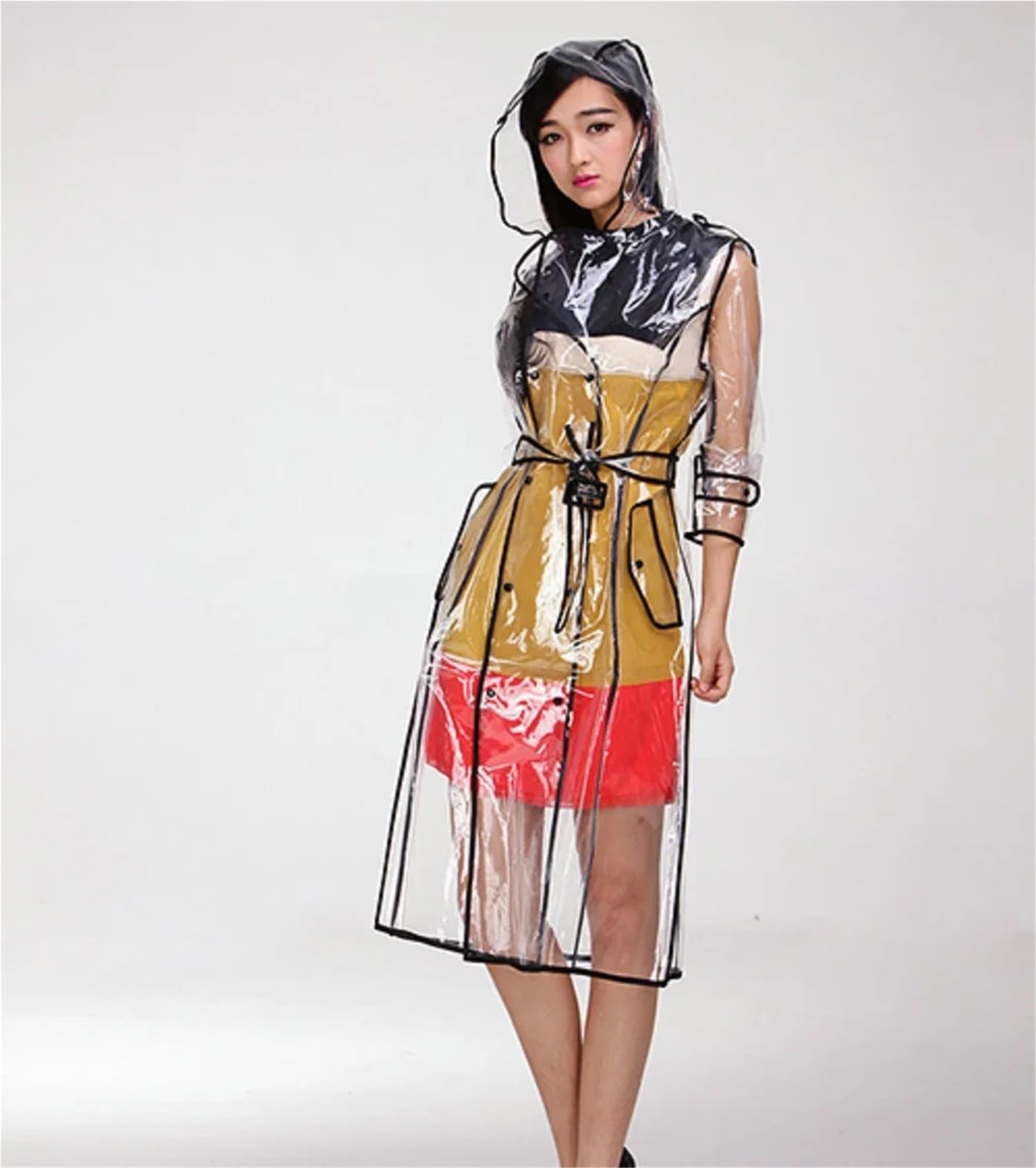 Poncho Antipioggia Impermeabile con cappuccio e cintura, impermeabile, in plastica trasparente, lungo, da donna, da uomo